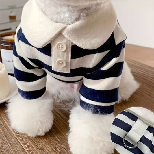 Cozy Striped Dog T-Shirt with Leash Attachment – Soft Knit Pet Apparel for All Seasons