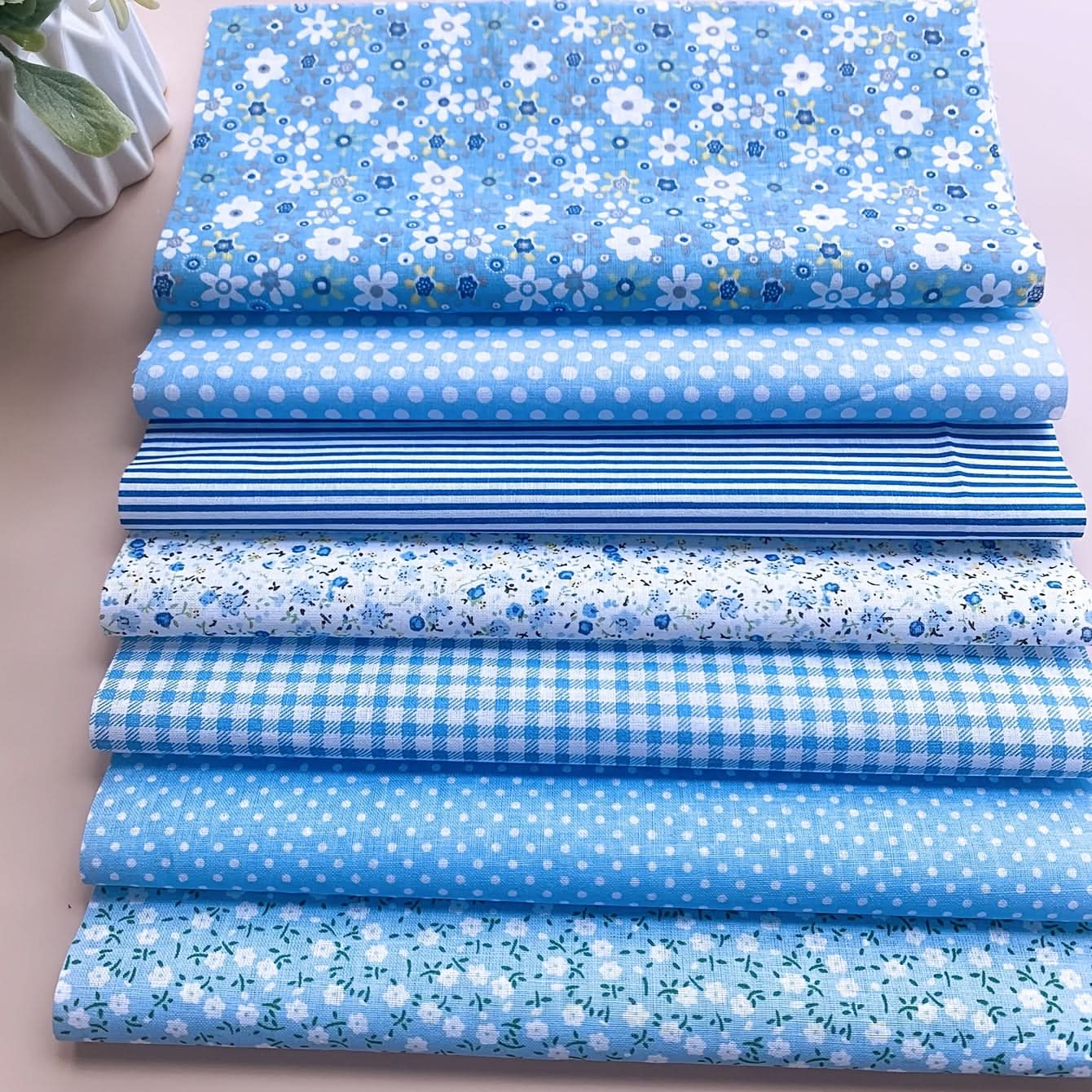 7-Piece Premium Blue Cotton Fabric Bundle