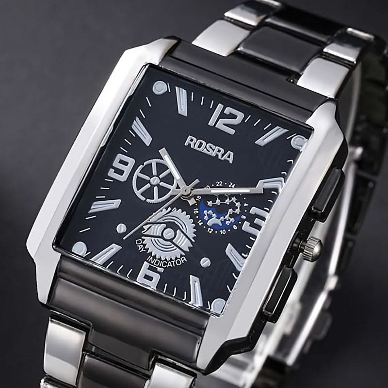 Men's Stainless Steel Quartz Watch - Fashionable Black Rectangular Dial