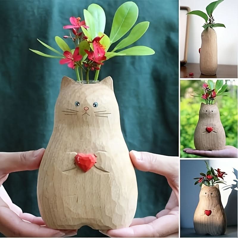 Cute Cat-Shaped Resin Vase – Heart Design Flower Planter