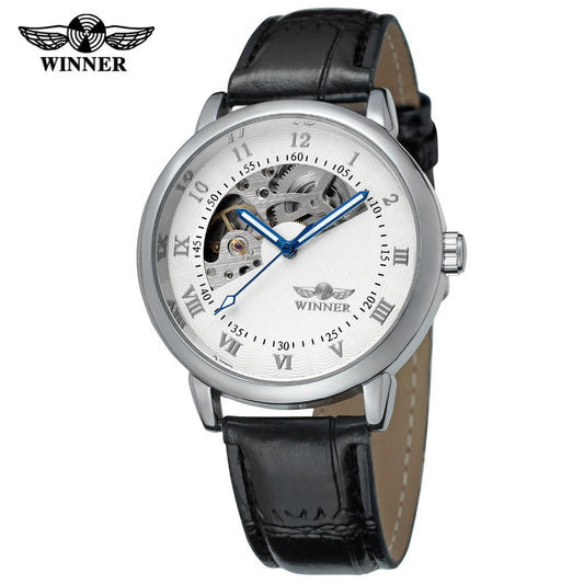 T-Winner Men’s Skeleton Automatic Mechanical Watch – Half-Moon Dial, Leather Strap Timepiece