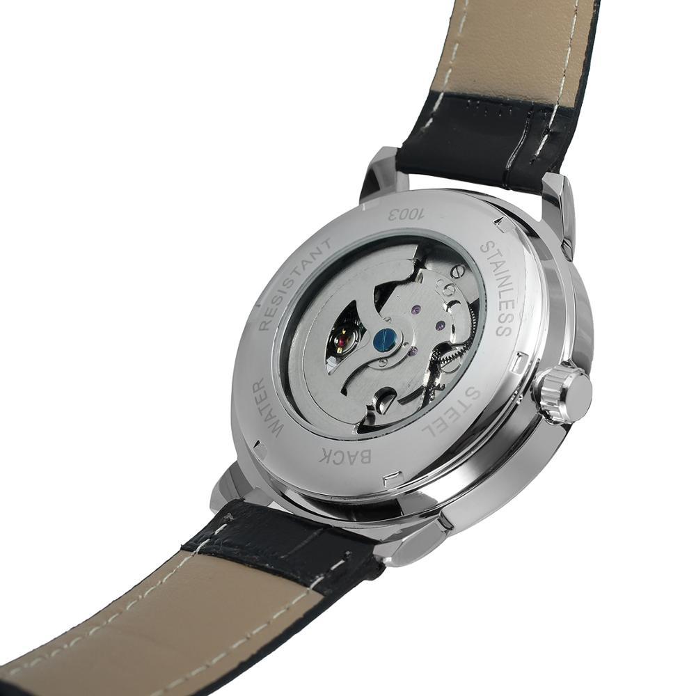 T-Winner Men’s Skeleton Automatic Mechanical Watch – Half-Moon Dial, Leather Strap Timepiece