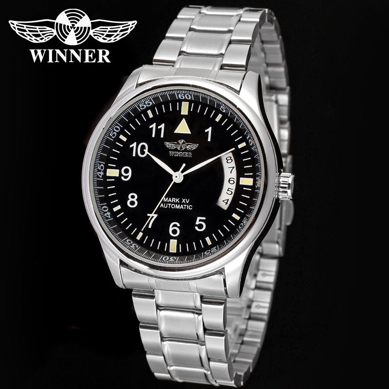 T-Winner Men’s Semi-Hollow Mechanical Watch – Stainless Steel Band, Calendar Display