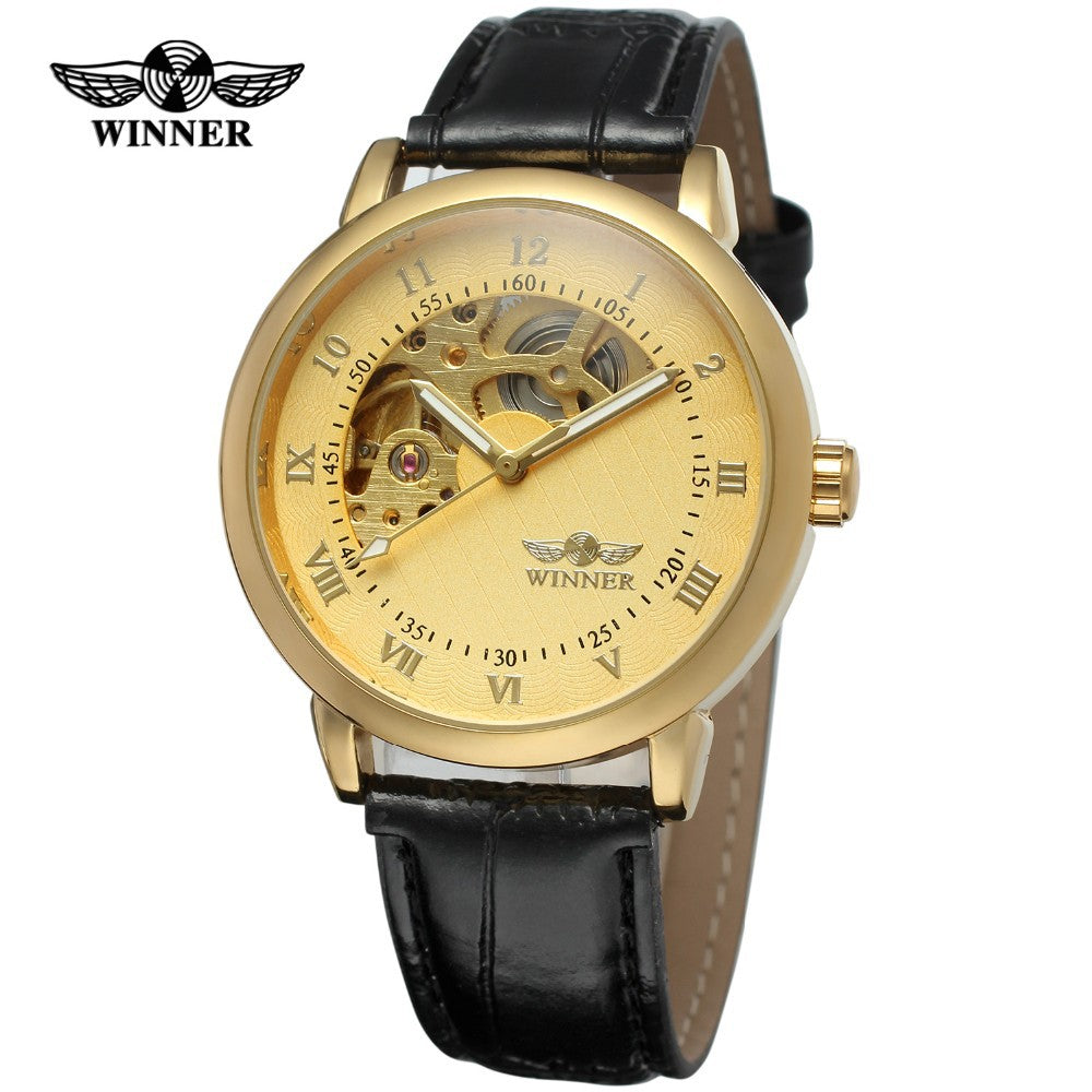 T-Winner Men’s Skeleton Automatic Mechanical Watch – Half-Moon Dial, Leather Strap Timepiece