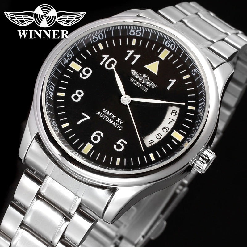 T-Winner Men’s Semi-Hollow Mechanical Watch – Stainless Steel Band, Calendar Display