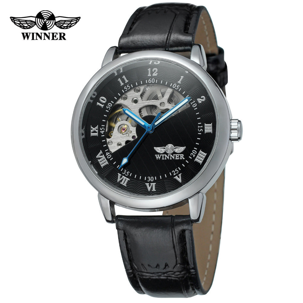 T-Winner Men’s Skeleton Automatic Mechanical Watch – Half-Moon Dial, Leather Strap Timepiece