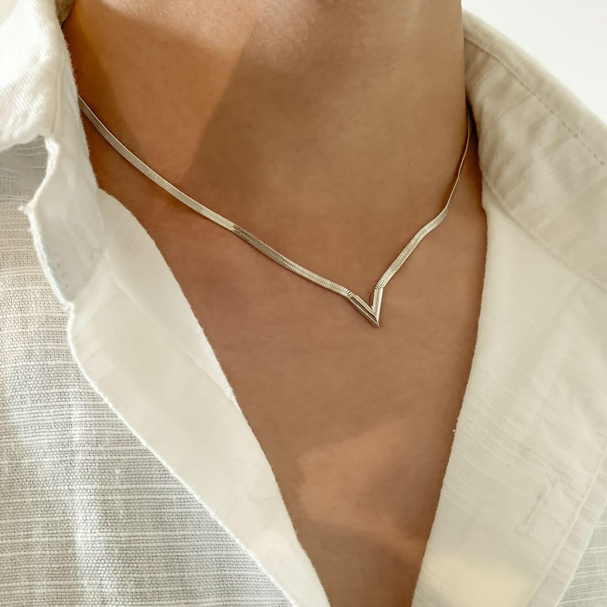 Silver V-Shaped Snake Chain Necklace, Minimalist Style