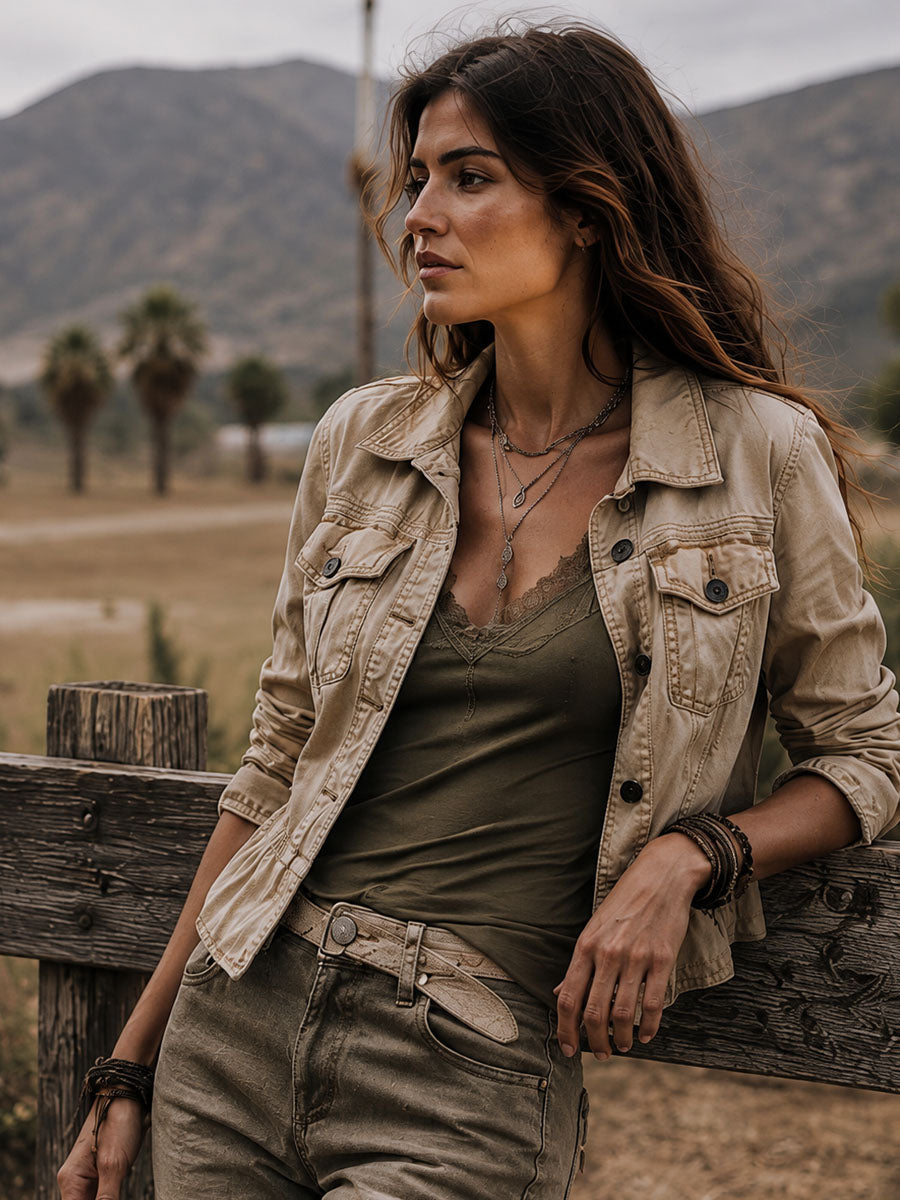 Vintage Washed Denim Khaki Ruffle Hem Cropped Casual Jacket