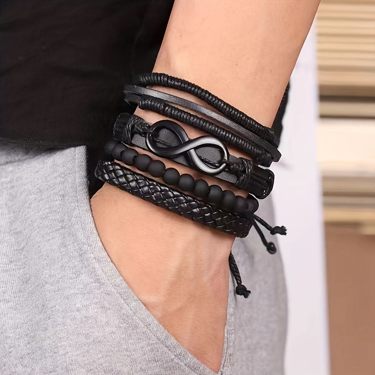 Men's Leather Bracelet Set – 4-Piece Multi-Layer