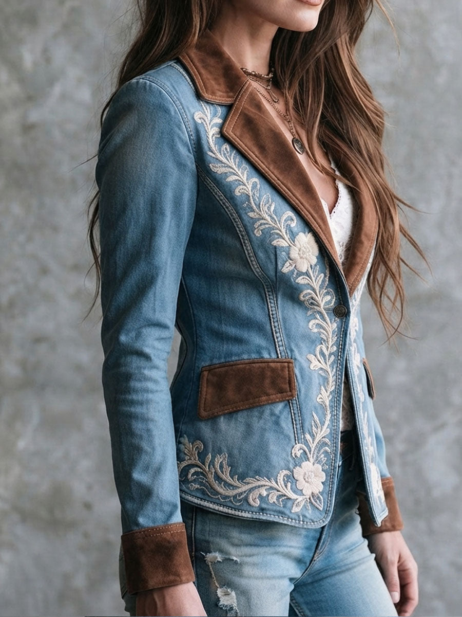 Vintage Cowboy Suede Lapel Floral Embroidery Denim Jacket