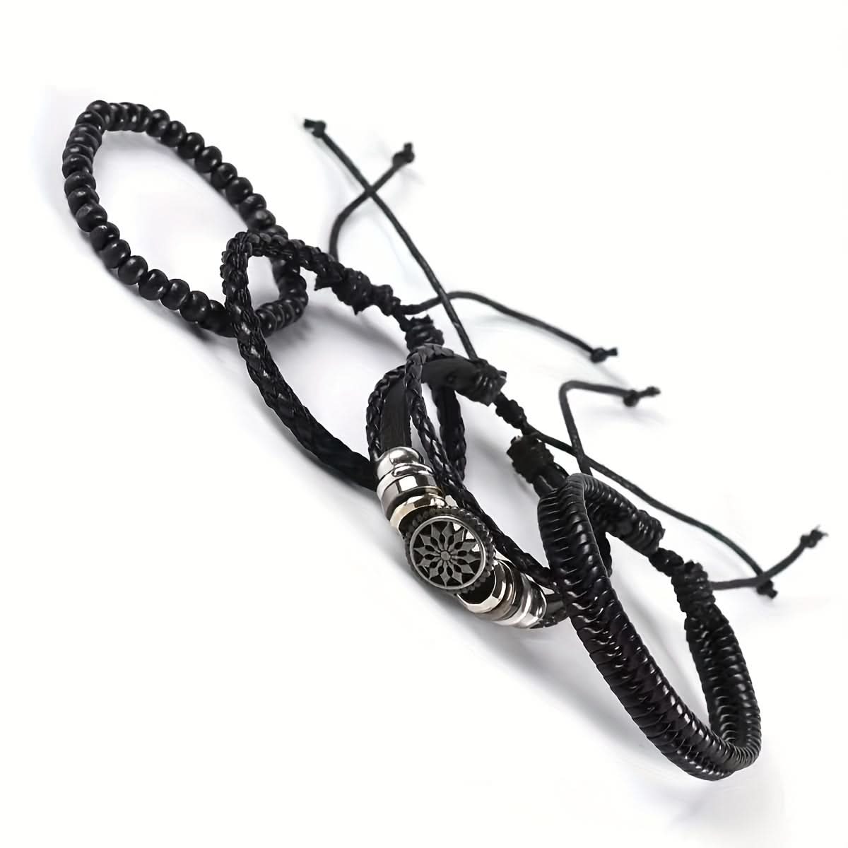 Vintage Leather Anchor Bracelet Set, 4-Piece Boho Style