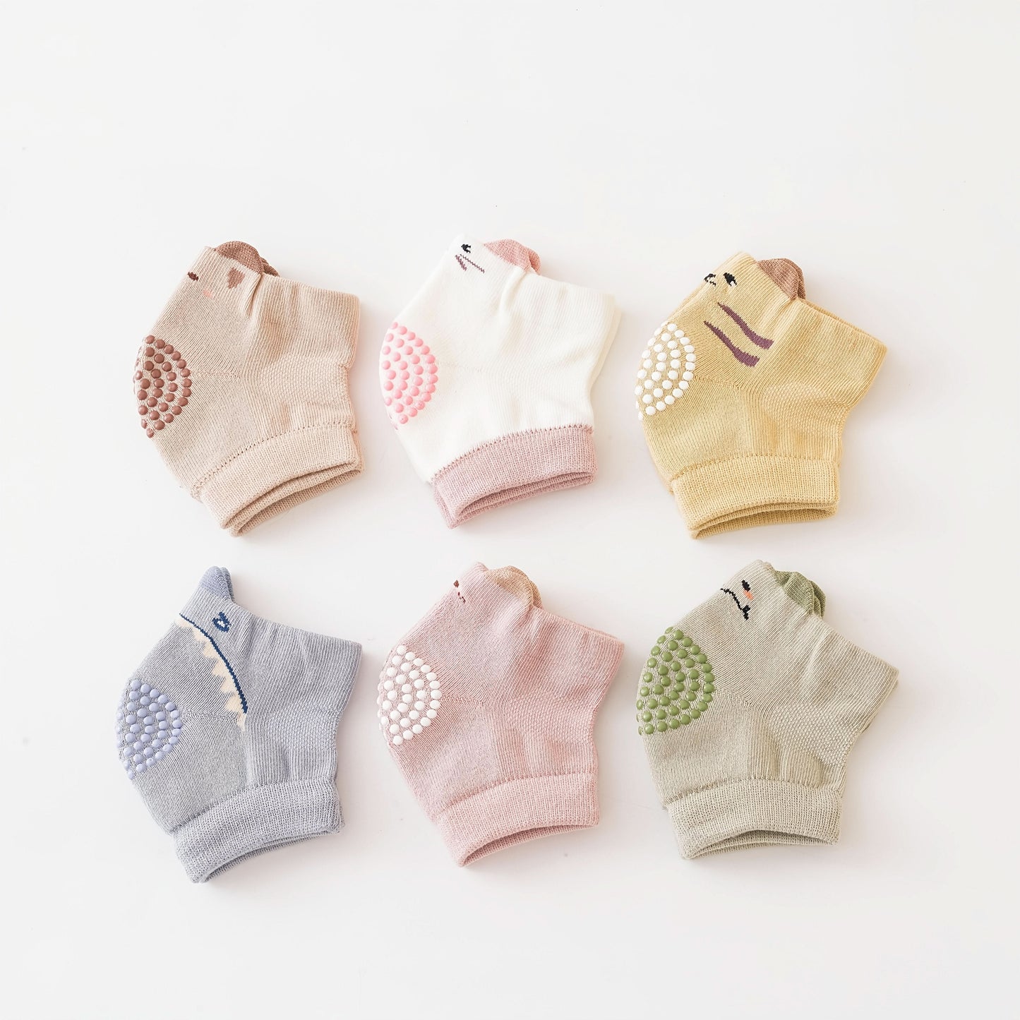 6 Pairs Baby Knee & Elbow Pads with Cute Animal Designs - Anti-Slip Crawling Protectors