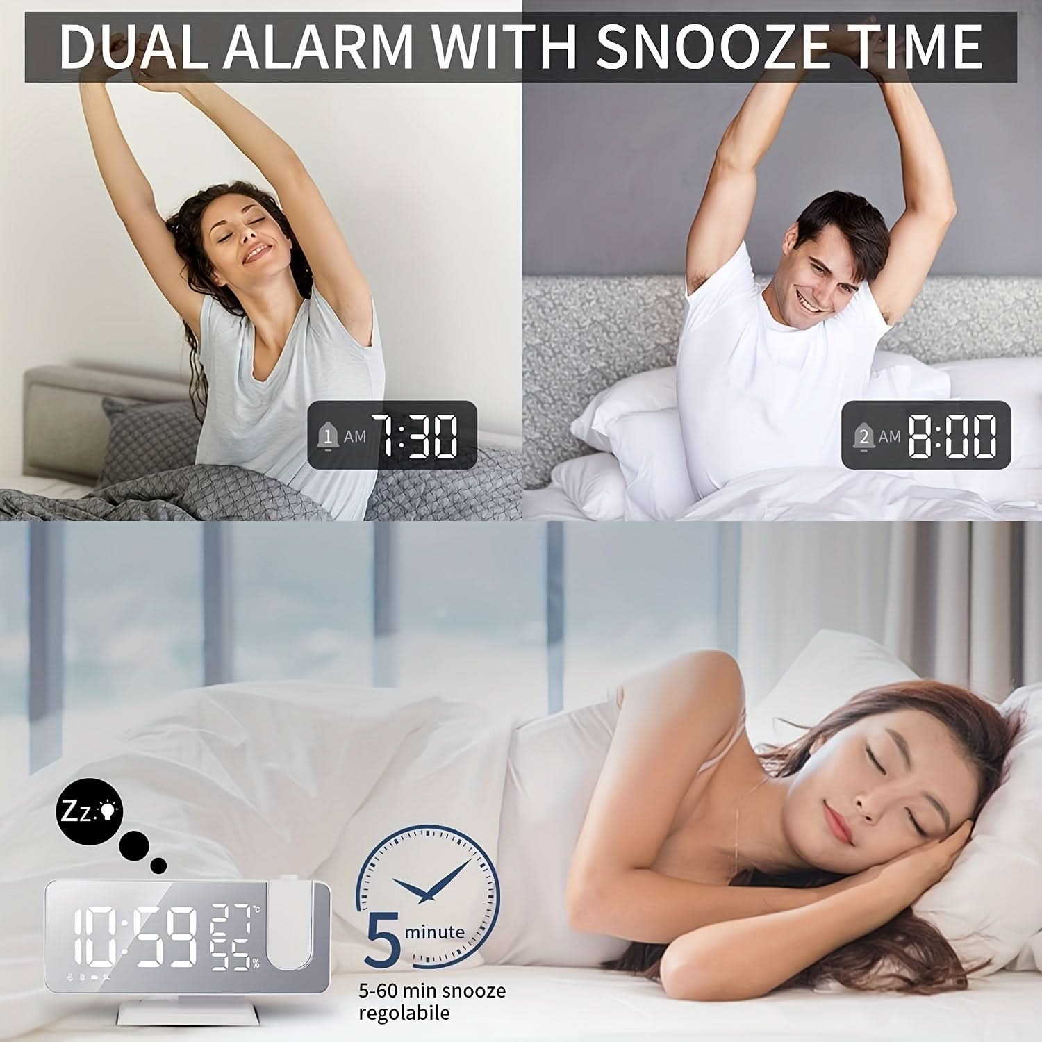 Smart Digital Alarm Clock – LED Display, FM Radio, Projection