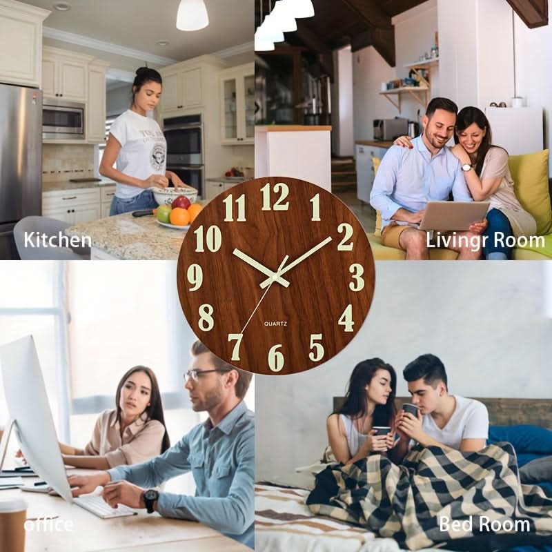 12-Inch Silent Glow-in-the-Dark Wooden Wall Clock