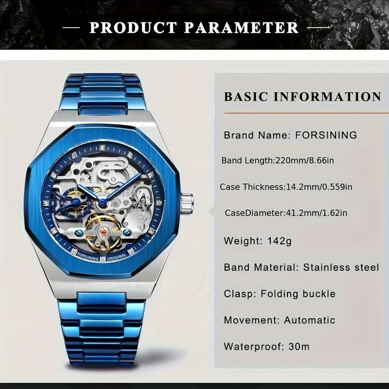 Men's Blue Skeleton Automatic Watch – Stainless Steel, Luminous Hands