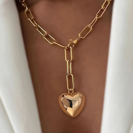 Elegant Heart-Shaped Pendant Y-Necklace – Golden Rectangular Chain
