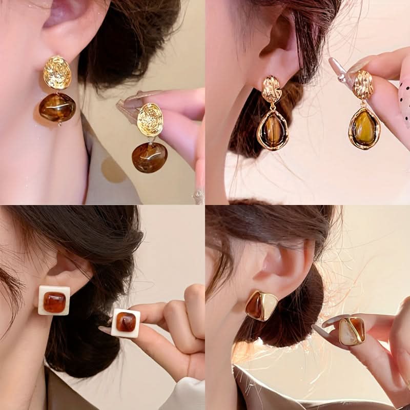 Vintage Amber Cat Eye Resin Earrings Set
