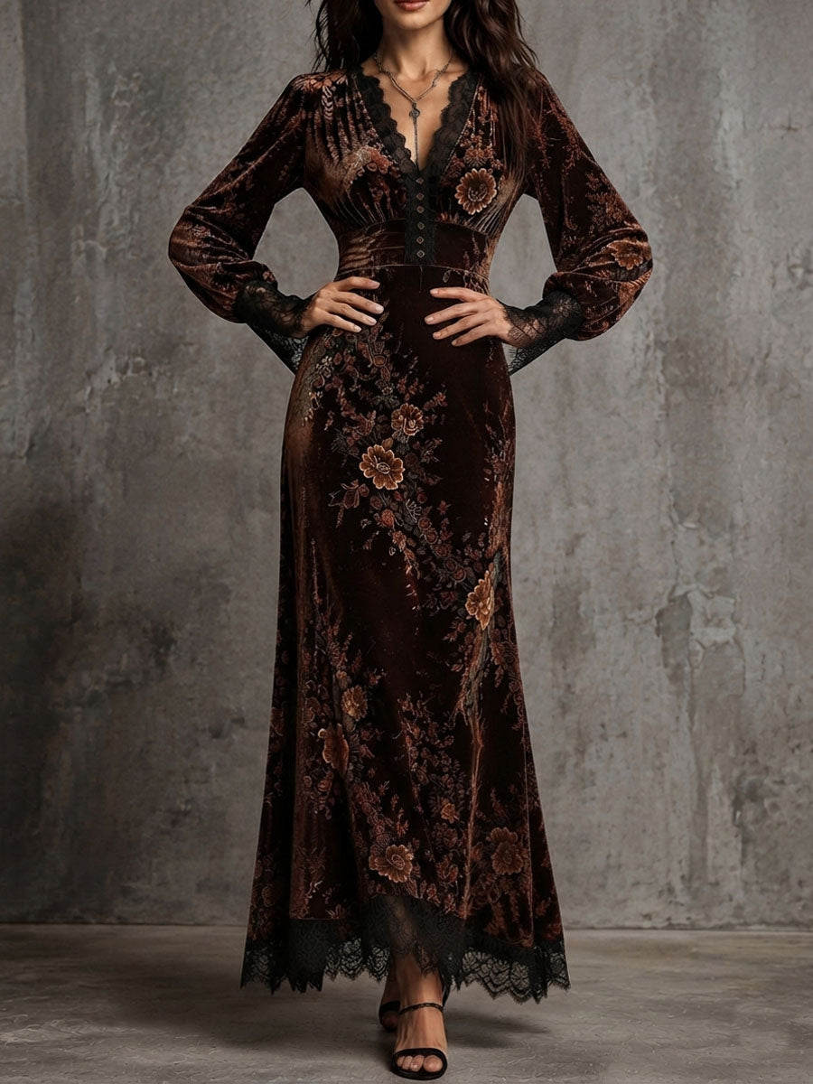 Vintage Velvet Floral Lace V Neck Puff Sleeve Evening Dress