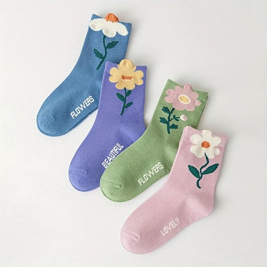 Girls' Flower Cotton Crew Socks – 4 Pairs