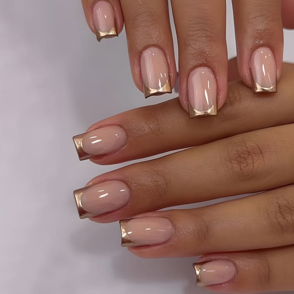 Chic Golden French Tip Press-On Nails – Medium Ballet Shape, Glossy Finish
