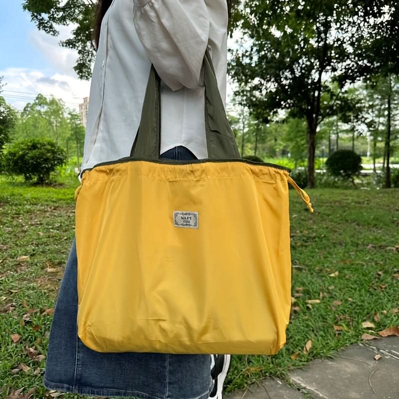 Monochrome Drawstring Shoulder Bag - Stylish & Foldable