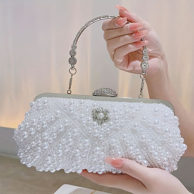 White Pearl Diamond Shell Clutch – Chain Strap