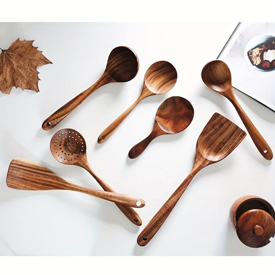 7pcs Natural Teak Wooden Spoons - Non-Stick Spatula Set