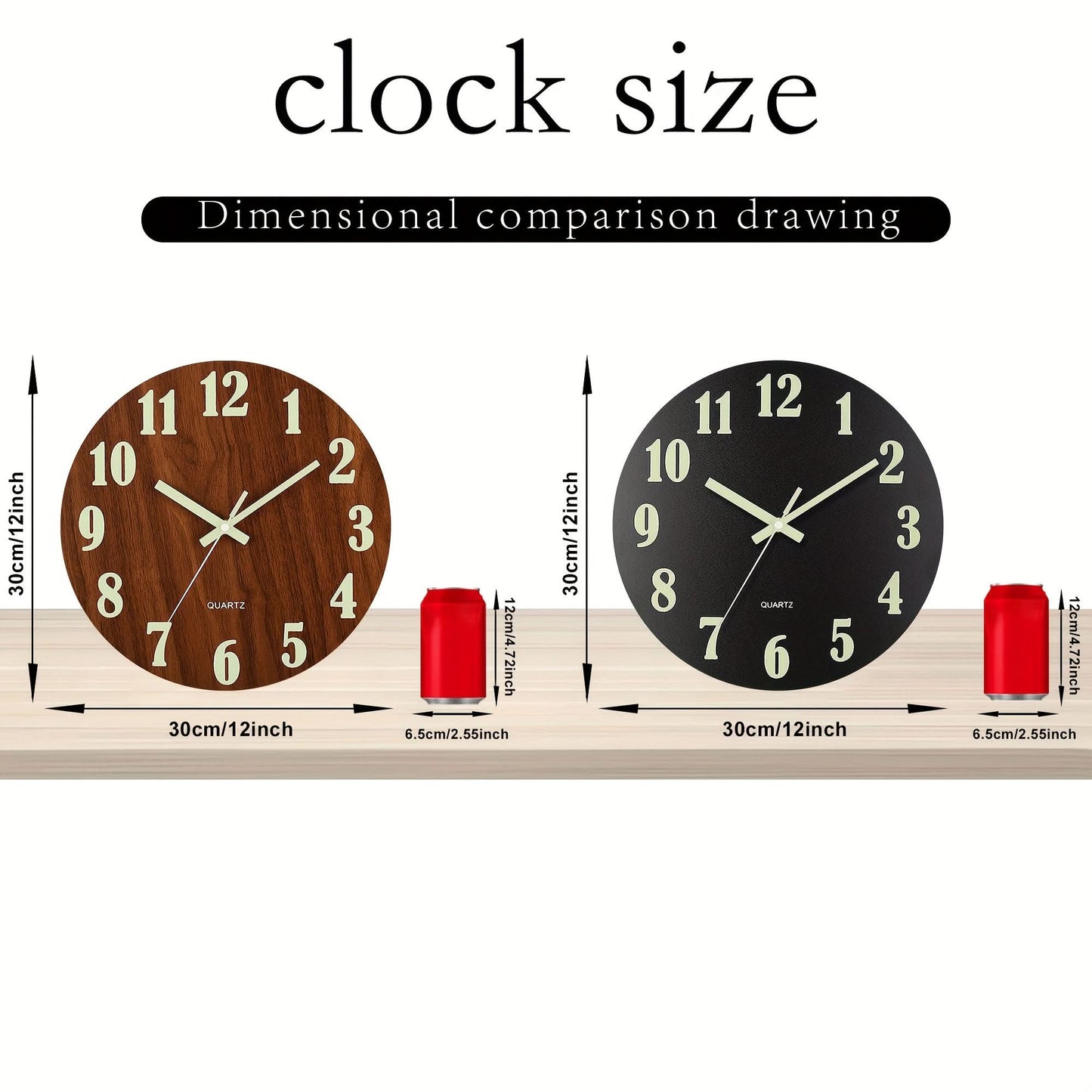 12-Inch Silent Glow-in-the-Dark Wooden Wall Clock