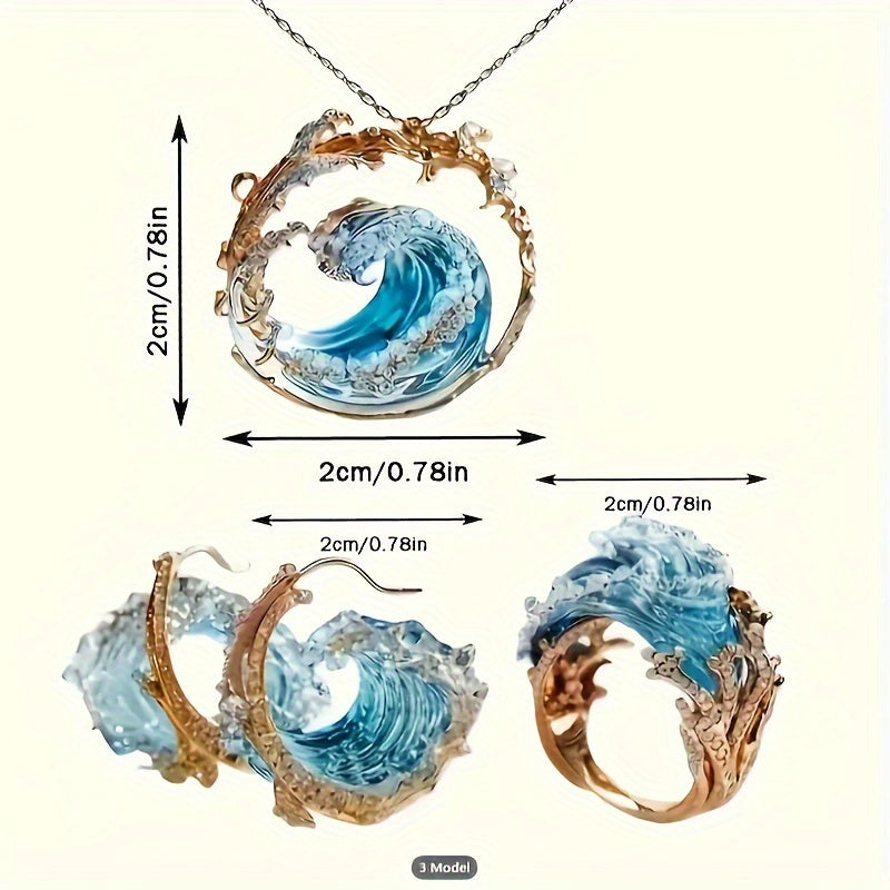 3-Piece Bohemian Ocean Vow Jewelry Set – Blue Wave Necklace, Earrings & Ring for Women