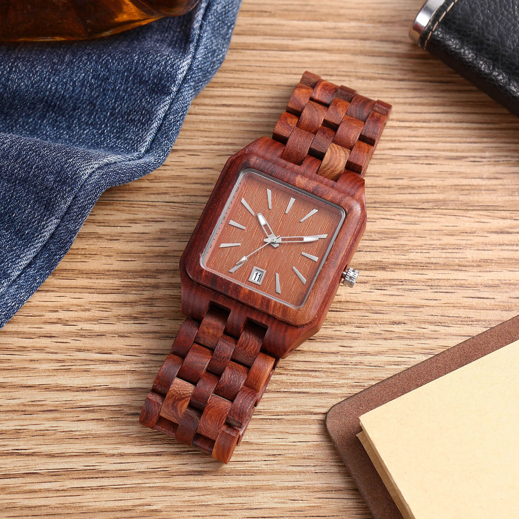 Wooden Square Dial Men's Quartz Watch, Date Feature