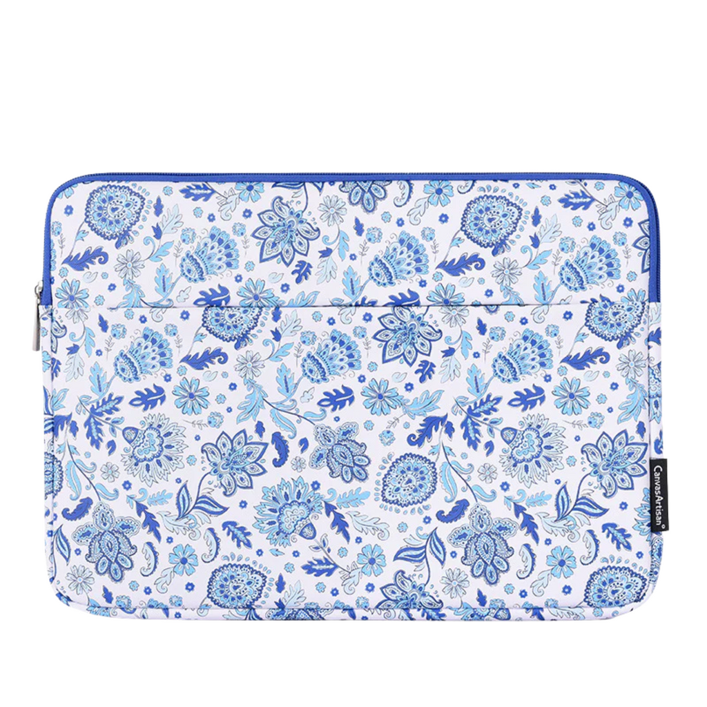 Waterproof Laptop Sleeve – PU Leather, Shockproof Inner Case with Blue Paisley Print