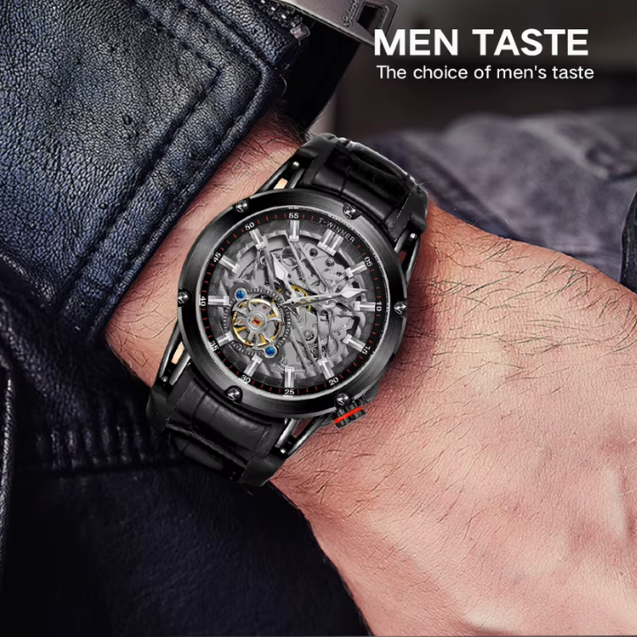 T-Winner Men’s Automatic Mechanical Watch – Elegant Leather Strap, Luminous Skeleton Dial
