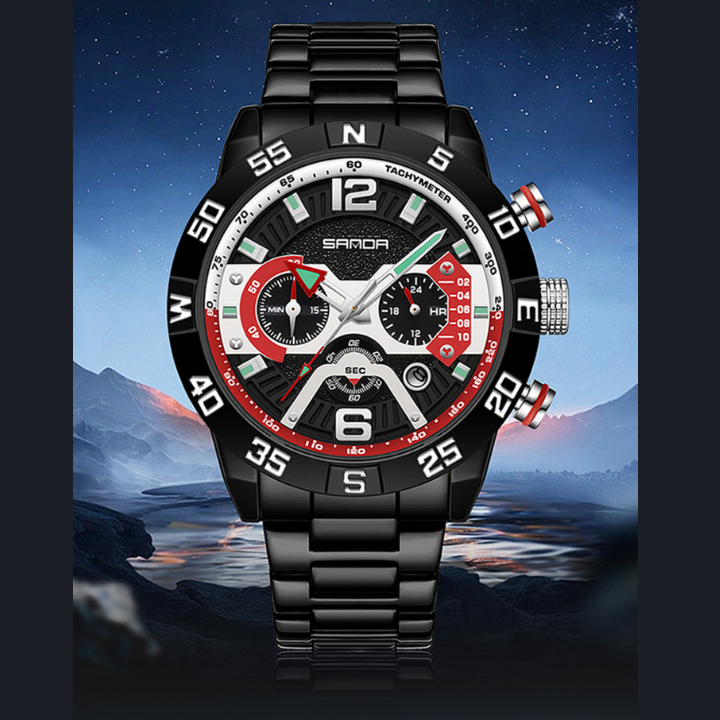 SANDA Men’s Quartz Watch – Three-Eye Steel Band Fashion Shockproof Timepiece
