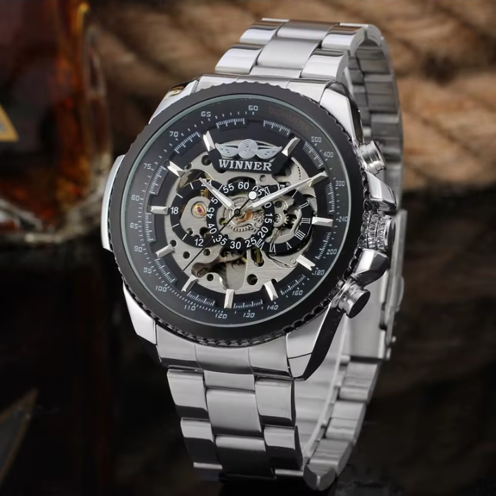 T-Winner Men’s Automatic Mechanical Skeleton Watch – Stainless Steel Band, Roman Dial