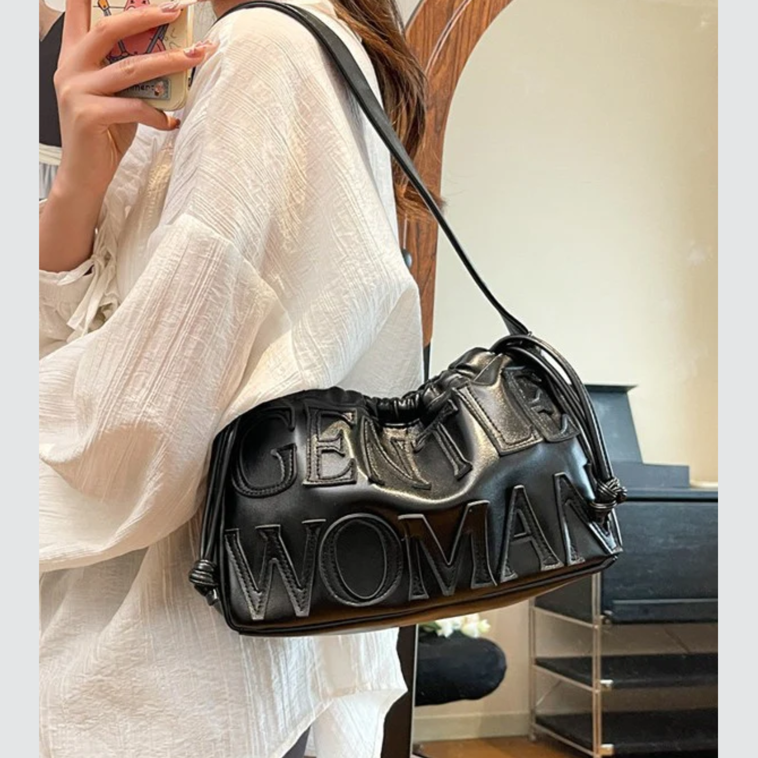 Women’s Embossed Dumpling Shoulder Bag – Retro Letter Design Handbag