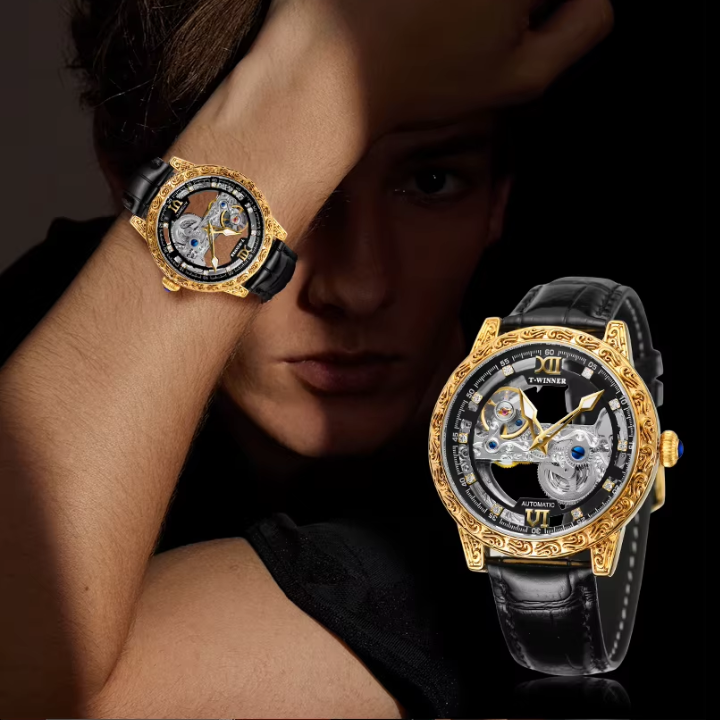 T-Winner Skeleton Automatic Watch for Men – Luxury Mechanical Design with Leather Strap