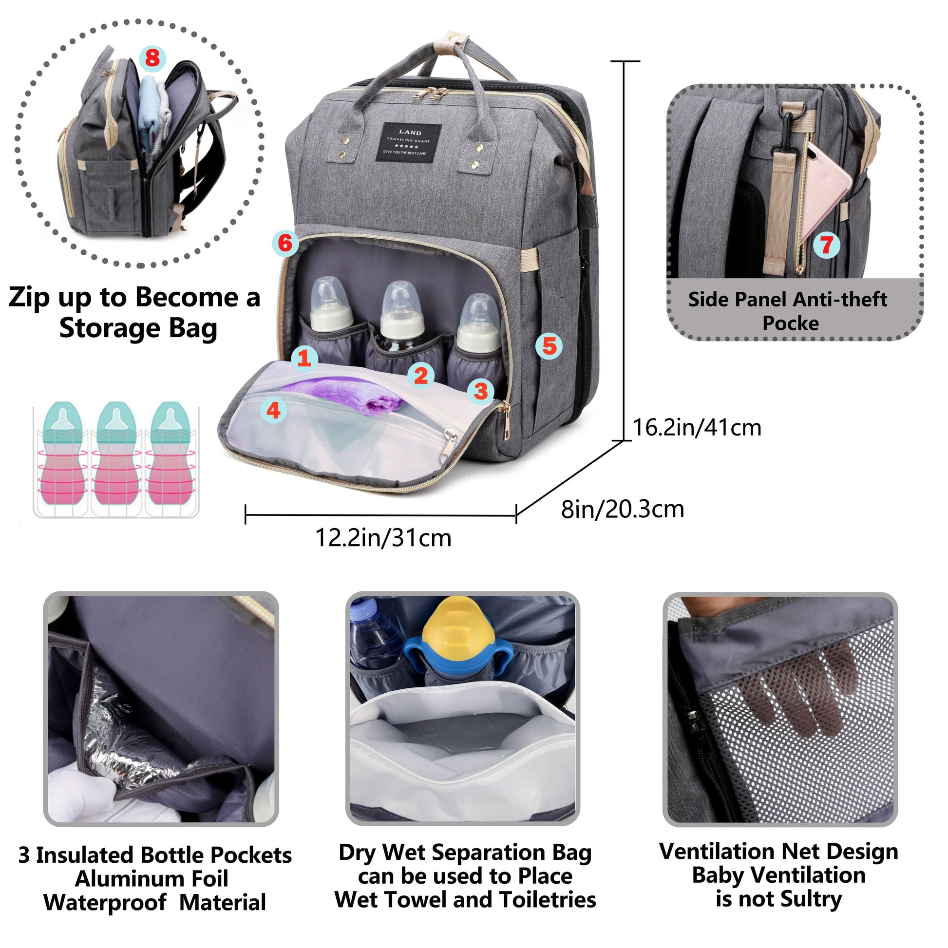 Waterproof Diaper Backpack with Changing Station