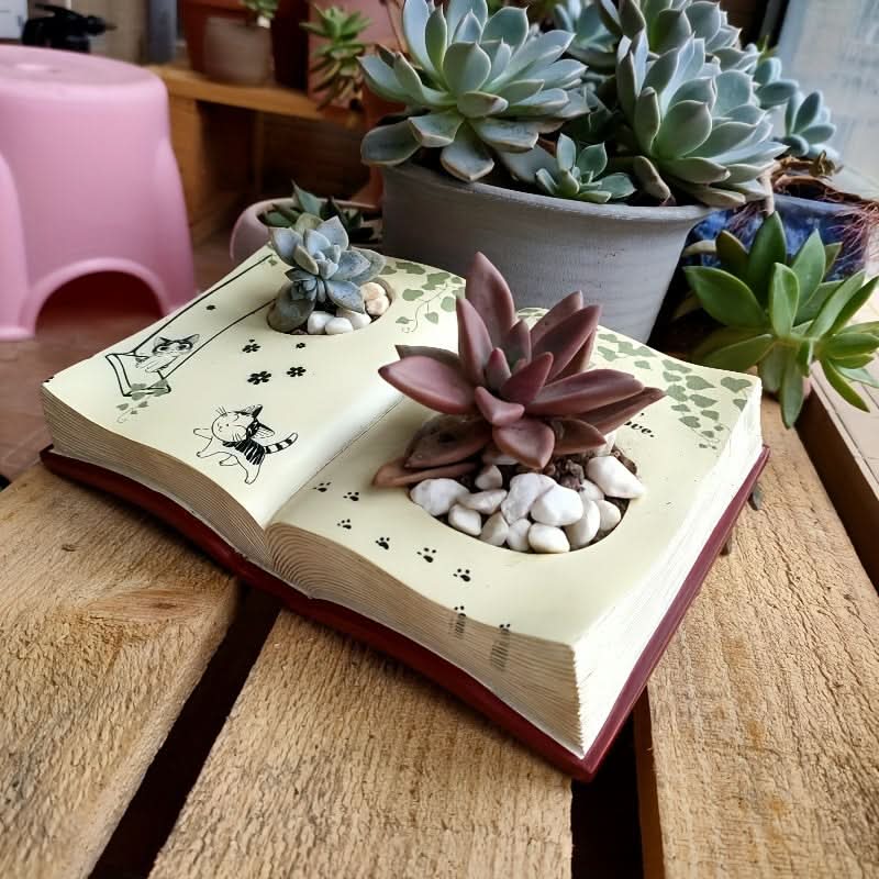 Modern Resin Book Planter with Drainage Hole