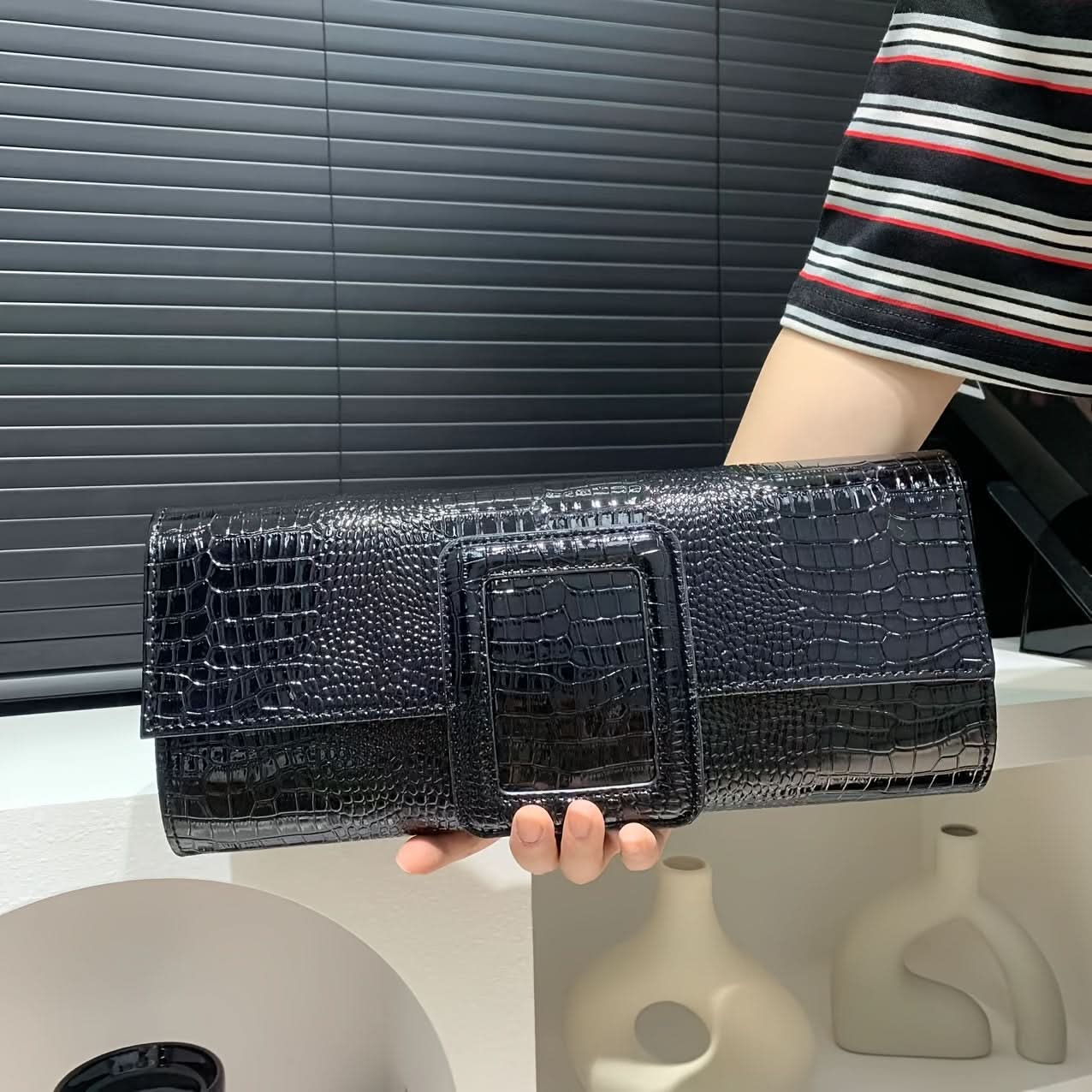 Vintage Crocodile Envelope Clutch, Faux Leather Crossbody