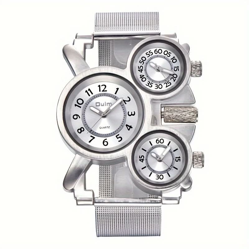 Men’s Multi-Time Zone Quartz Watch – 3 Dials, Stainless Steel Mesh Band