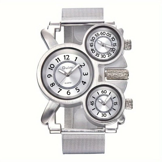 Men’s Multi-Time Zone Quartz Watch – 3 Dials, Stainless Steel Mesh Band