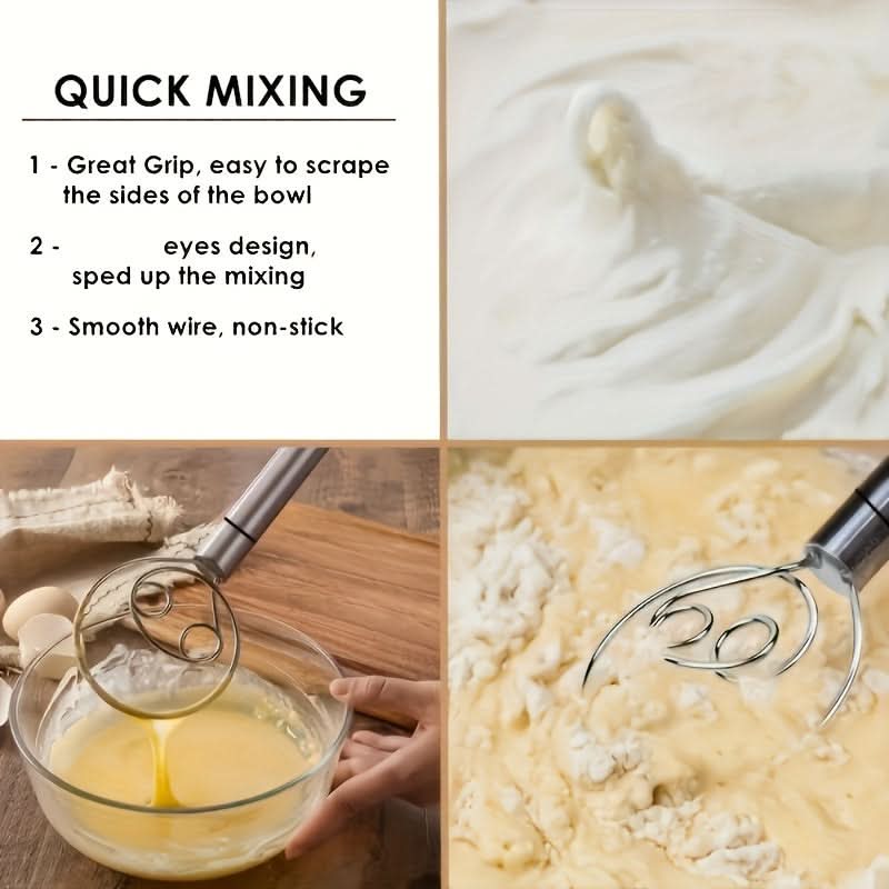 Stainless Steel Dough Mixer with Scraper - Handheld Dual-Hole Whisk