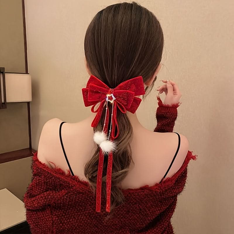 Christmas Plush Bow Hair Clip with Star Charm