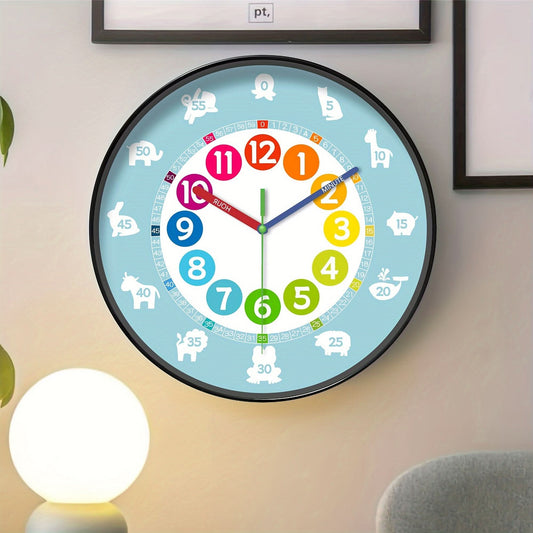 8-Inch Blue Cartoon Animal Wall Clock with Colorful Hands