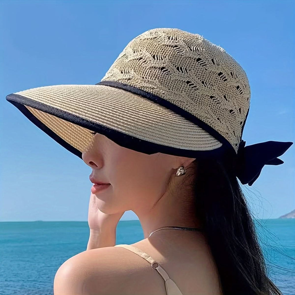 Women's Foldable Straw Sun Hat with Bowknot – UV Protection Summer Cap