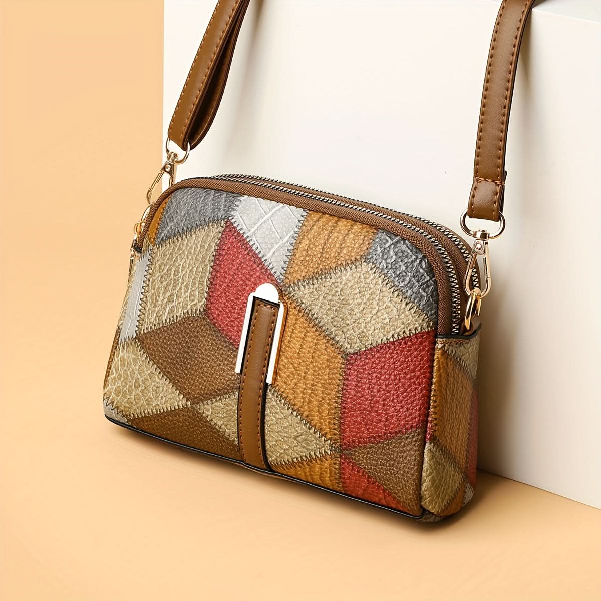 Mini Colorblock Crossbody Bag – Retro Rhombus Print