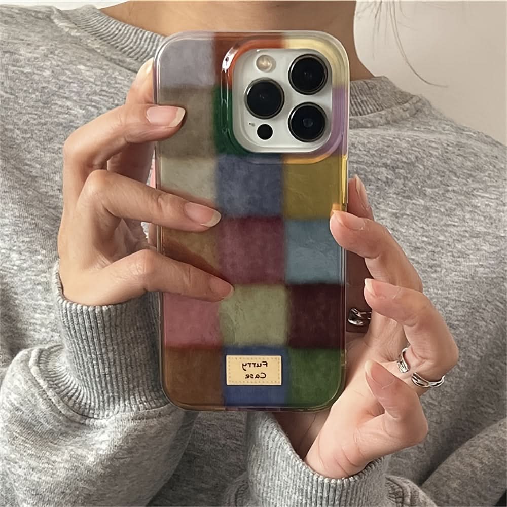 Cute Dopamine Color Block Plaid Clear Phone Case – Soft Silicone Back Cover
