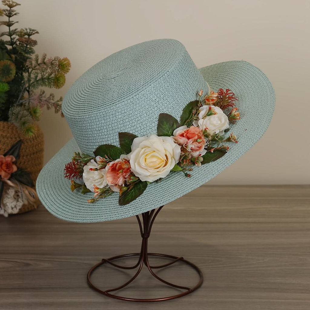 Women's Straw Fedora Hat with Rose Detail – Breathable Sun Protection