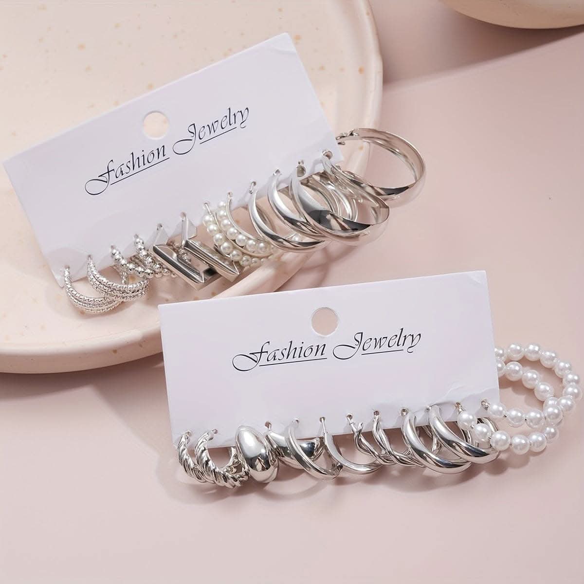 24-Pair Chic Geometric & Faux Pearl Hoop Earrings Set