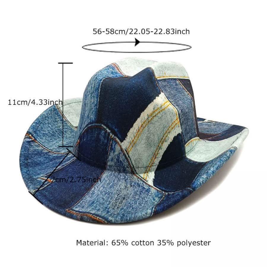 Denim Patchwork Fedora Hat – Unisex Wide Brim Jazz Cap, Lightweight & Washable